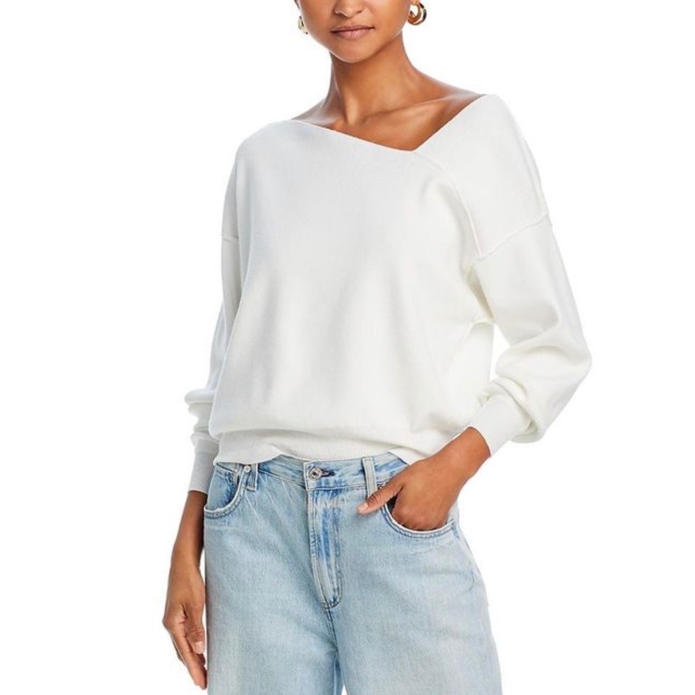 Line and Dot Favorite Off Shoulder Ribbed Pullover Cream Asymmetrical Sweater M